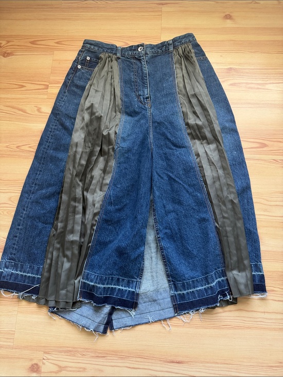 Sacai Dresses & Skirts - Sacai 3 Denim Panel Midi Skirt with Olive Pleated Insets